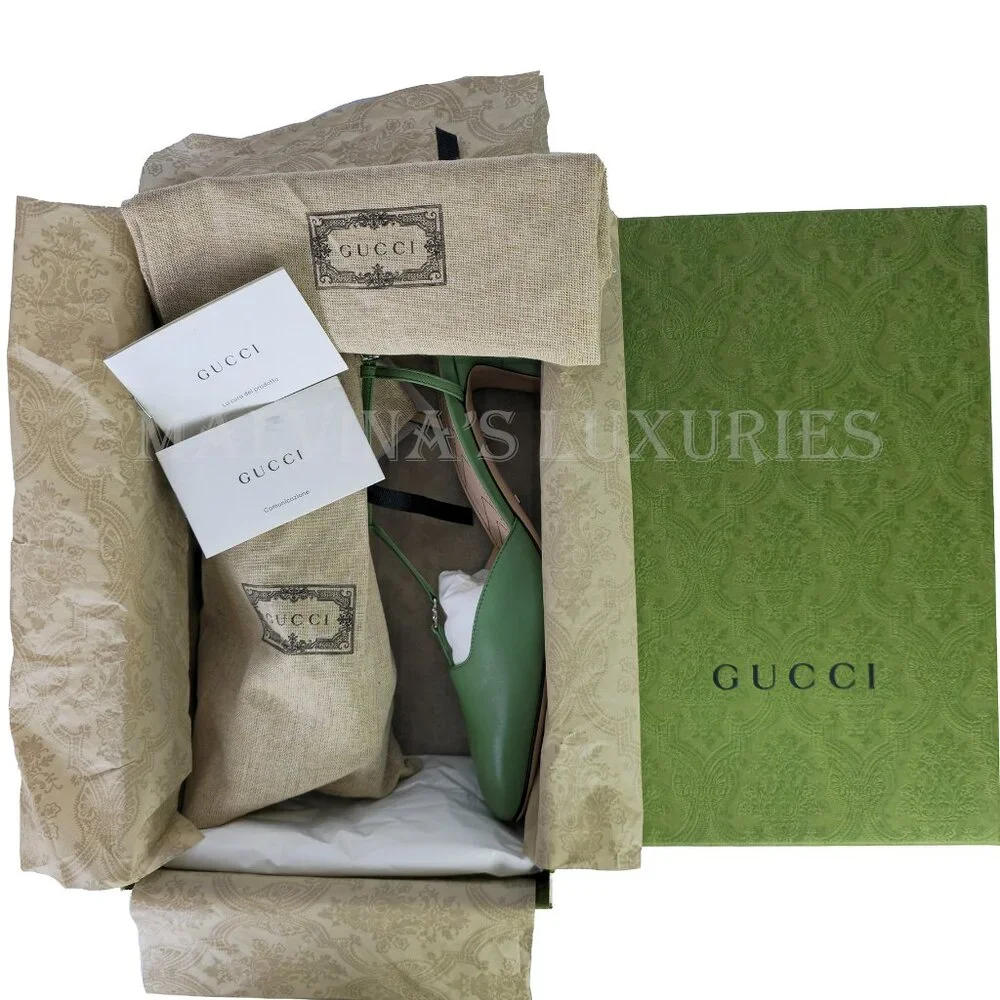 GUCCI SHOES T-STRAP GREEN LEATHER DOUBLE G LOGO SLINGBACK PUMPS 40 10 - Picture 15 of 16